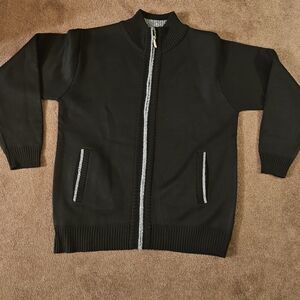 Black Zip-Up Cardigan with Gray Trim